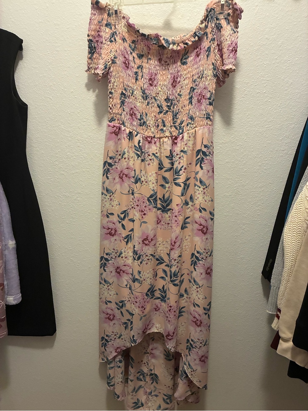 C Pink Floral High-Low Smocked Maxi Dress